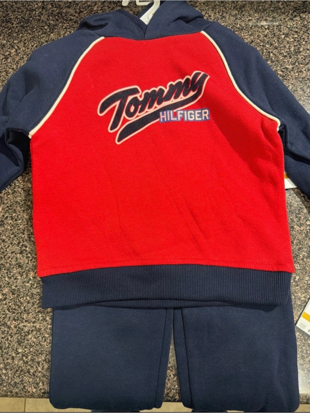 Tommy Hilfiger Kids Red and Navy Hooded Pullover Sweatshirt